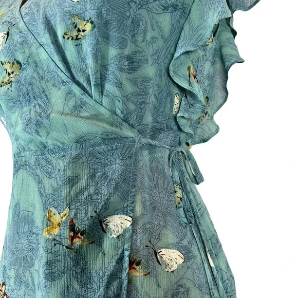 Anthropologie Feather Bone Osuna Wrap Dress Women's M Teal Butterfly Print - Picture 7 of 12